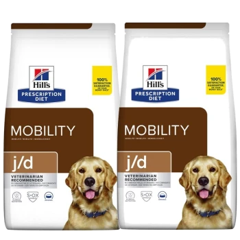 Zwei Taschen von Hill's Prescription Diet Mobility j/d Hundefutter, mit einem braun-weißen Design und '100% Zufriedenheitsgarantie'-Etiketten.