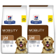 Zwei Taschen von Hill's Prescription Diet Mobility j/d Hundefutter, mit einem braun-weißen Design und '100% Zufriedenheitsgarantie'-Etiketten.