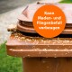 Brauner Mülleimer mit reisähnlichen Partikeln oben, mit einem orangefarbenen Kreis, der 'Kann Maden- und Fliegenbefall vorbeugen.' liest.