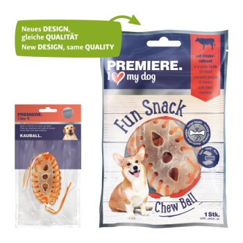 Pet snacks image with "Fun Snack Chew Ball" and "KAUBALL" packages, featuring a smiling corgi and text about quality and beef rawhide.