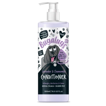 Flasche Bugalugs Lavendel & Kamille Conditioner für Hunde, 500ml, vegan, parabenfrei, hergestellt in Großbritannien.