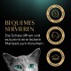 Graue Katze mit türkisfarbenen Augen unter goldener Überschrift 'BEQUEMES SERVIEREN'; Symbole beschriftet mit 'ÖFFNEN', 'VERSCHLUSS ABZIEHEN', 'SERVIEREN'.