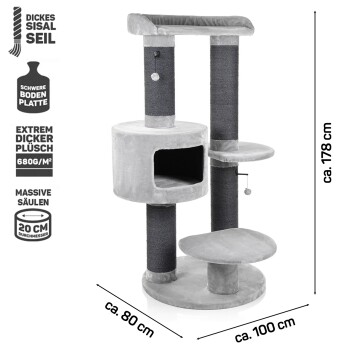 Katzenbaum mit mehreren Ebenen, plüschigen Oberflächen und mit Sisal umwickelten Kratzpfosten; Abmessungen: 178 cm Höhe, 80 cm Breite, 100 cm Tiefe.