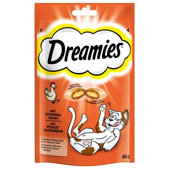 Pack of Dreamies cat treats, featuring a playful cat illustration, with text highlighting chicken flavor and nutritional benefits.