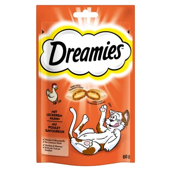 Pack of Dreamies cat treats, featuring a playful cat illustration, with text highlighting chicken flavor and nutritional benefits.