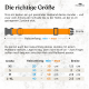 Diagramm, das zeigt, wie man die Größe eines Hundehalsbands mit Halsumfangsbereichen und Halsbandbreite in Zentimetern misst.
