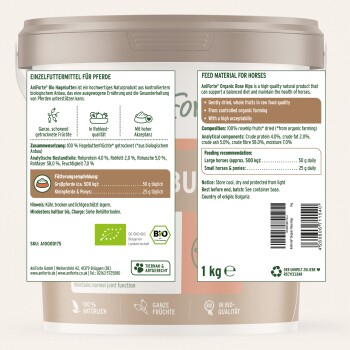 Bio-Hagebutten für Pferde, 1 kg Behälter, mit Fütterungsempfehlungen und Nährwertanalyse in Deutsch und Englisch.
