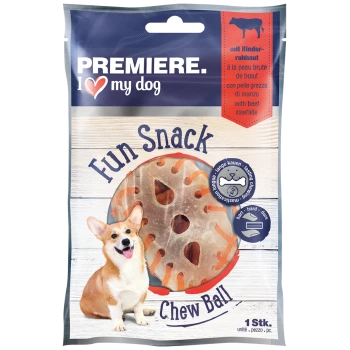 Een vrolijke corgi zit naast een pakket 'Premiere I love my dog Fun Snack Chew Ball,' met een rundvlees rauwe huid traktatie met gaten.