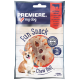 A cheerful corgi sits beside a package of "Premiere I love my dog Fun Snack Chew Ball," featuring a beef rawhide treat with holes.