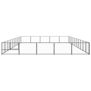 Ein schwarzes Metallspielgehege für Haustiere mit rechteckiger Form, mit einem Gitterdesign und mehreren Zugangstoren.