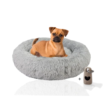 Ein kleiner Hund sitzt bequem in einem flauschigen grauen Haustierbett, neben einem beigen Haustierzubehör mit einem herzförmigen Ausschnitt.