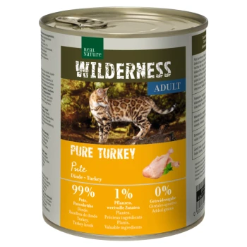 WILDERNESS Nassfutter Katze, Adult Pure Turkey 6x800 g Eine Dose Real Nature Wilderness Adult Katzenfutter mit einem Bengal-Katzenetikett, das "Reines Truthahn" mit 99 % Truthahn und ohne Getreide zeigt.