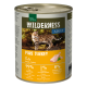 Eine Dose Real Nature Wilderness Adult Katzenfutter mit einem Bengal-Katzenetikett, das "Reines Truthahn" mit 99 % Truthahn und ohne Getreide zeigt.