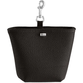 Schwarze, genarbte Kunstleder-Tasche für Haustierzubehör mit silbernem Drehkarabiner und kleinem Metalllogo 'HUNTER'.