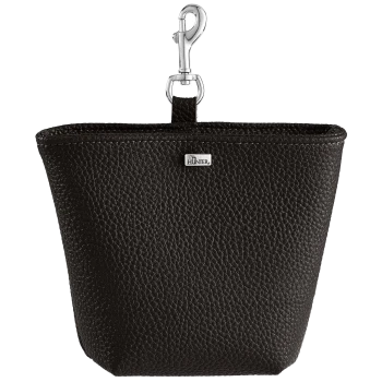 Schwarze, genarbte Kunstleder-Tasche für Haustierzubehör mit silbernem Drehkarabiner und kleinem Metalllogo 'HUNTER'.
