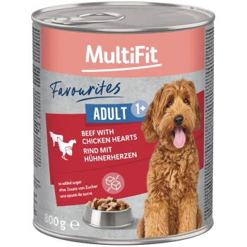 Boîte d'aliments pour chiens MultiFit : Favourites ADULT 1+ Bœuf avec cœurs de poulet, 800 g ; image d'un chien brun.