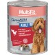 Blik MultiFit hondenvoer: Favourites ADULT 1+ Rund met kippenharten, 800 g; afbeelding van een bruine hond.