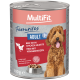Blik MultiFit hondenvoer: Favourites ADULT 1+ Rund met kippenharten, 800 g; afbeelding van een bruine hond.