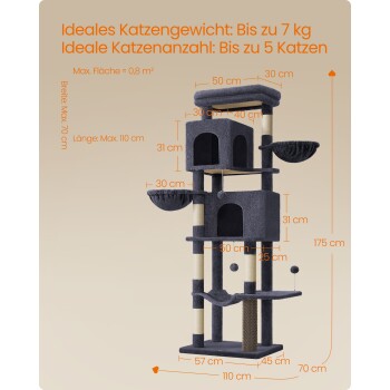 Maße und Spezifikationen des Katzenbaums: ideal für Katzen bis 7 kg und bis zu 5 Katzen. Höhe 175 cm, Breite 70 cm, Länge 110 cm.