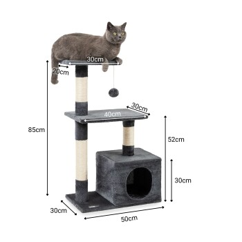 Eine graue Katze, die auf einem mehrstöckigen Katzenbaum liegt, mit angegebenen Abmessungen: 85 cm Höhe, 50 cm Basis und verschiedenen Plattformgrößen.
