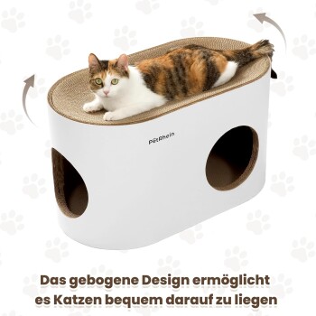 Grau-weiße Katze schläft auf einem weißen PetRhein-Kartonkatzenhaus, während eine dreifarbige Katze aus einem runden Loch heraustritt