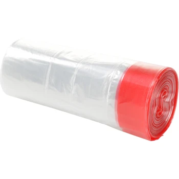 Rol van doorzichtige plastic huisdierafvalzakken met een rode kop, ontworpen voor gemakkelijke verwijdering van huisdierafval.