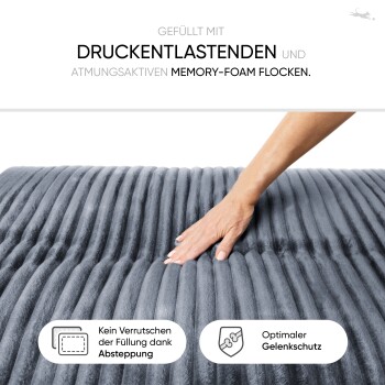 Eine Hand drückt auf ein plüschiges graues Gedächtnisschaum-Haustierbett. Text oben hebt den atmungsaktiven Schaum hervor; Symbole unten zeigen rutschfeste Füllung und Gelenkunterstützung.