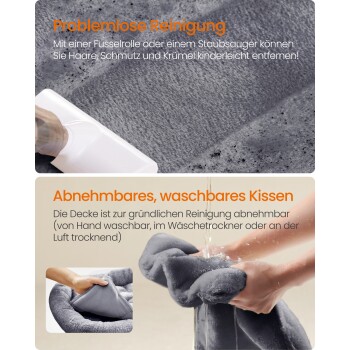 Bild eines Haustierbettes mit den Merkmalen "Einfache Reinigung" und "Abnehmbares, waschbares Kissen," mit visuellen Darstellungen des Staubsaugens und Waschens des Bezugs.