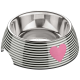 Schwarz-weiße gestreifte Futterschüssel für Haustiere mit einem Edelstahl-Innenraum und einem pinken Herzdesign an der Seite.