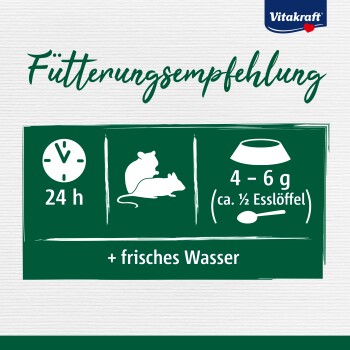 Zalecenia dotyczące karmienia małych zwierząt: porcja na 24 godziny, 4-6 g (około ½ łyżki), plus świeża woda.