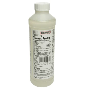 Flasche mit Thomas ProTex Reinigungs-Konzentrat für Sprühextraktion, 1000 ml, mit detaillierten Anwendungshinweisen und Sicherheitswarnungen auf dem Etikett.