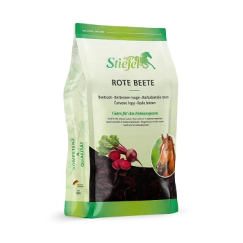 Eine transparente Tüte Stiefel Rote Beete (Rote-Bete-Flakes) für Pferde, mit einem Pferdebild und grünem Etikett, 1,7 kg.