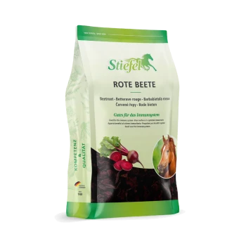 Eine transparente Tüte Stiefel Rote Beete (Rote-Bete-Flakes) für Pferde, mit einem Pferdebild und grünem Etikett, 1,7 kg.