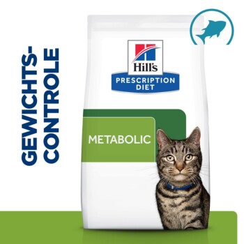 Hill's Prescription Diet Metabolic kattenvoerzak met een tabby kat met een blauwe halsband, naast de tekst 'Gewichts- Controle.'
