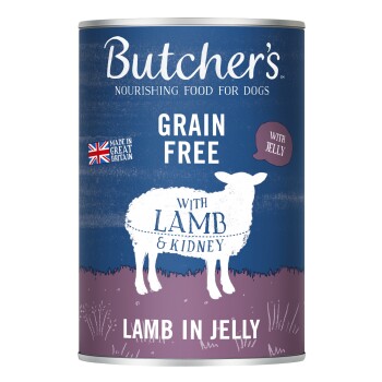 Puszka karmy dla psów Butcher's z niebiesko-fioletowym wzorem, oznaczona "Grain Free," "With Lamb & Kidney" oraz "Lamb in Jelly."