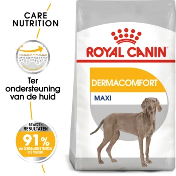 Royal Canin Dermacomfort Maxi hondenvoerzak met een Weimaraner hond, met tekst die huidondersteuning en 91% eigenaarstevredenheid aangeeft.