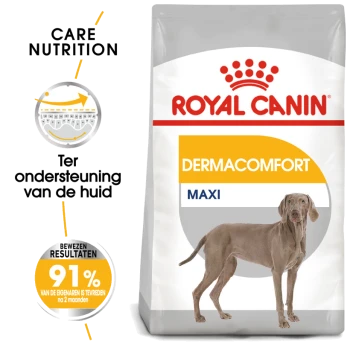 Royal Canin Dermacomfort Maxi hondenvoerzak met een Weimaraner hond, met tekst die huidondersteuning en 91% eigenaarstevredenheid aangeeft.