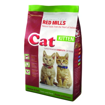 Bag of Connolly's Red Mills Cat Kitten food featuring two orange kittens on the front, labeled "Super Premium Complete Cat Food."