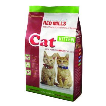 Bag of Connolly's Red Mills Cat Kitten food featuring two orange kittens on the front, labeled "Super Premium Complete Cat Food."