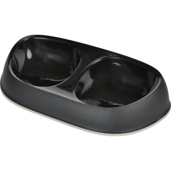 Bol double pour animaux de compagnie noir avec une surface lisse et des bords arrondis, conçu pour nourrir les chats ou les chiens.