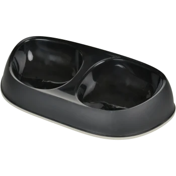 Bol double pour animaux de compagnie noir avec une surface lisse et des bords arrondis, conçu pour nourrir les chats ou les chiens.