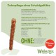 WHIMZEES-Zahnstick auf grünem Etikett: 'Zahnpflege ohne Schuldgefühle', 'OHNE', mit rotem Abzeichen 'Kalorien-arm'.