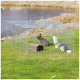 Zwei Kaninchen sind in einem Drahtkäfig auf Gras in der Nähe eines Teiches, mit einem Holzversteck und einem Wasserspender sichtbar.