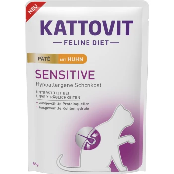 Kattovit Feline Diet Sensitive Katzenfutterbeutel, 85g, mit einer weißen Silhouette einer Katze und Text, der hypoallergene Zutaten hervorhebt.