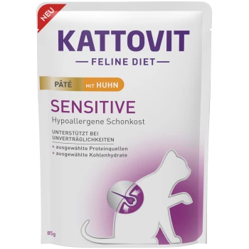 Kattovit Feline Diet Sensitive Katzenfutterbeutel, 85g, mit einer weißen Silhouette einer Katze und Text, der hypoallergene Zutaten hervorhebt.