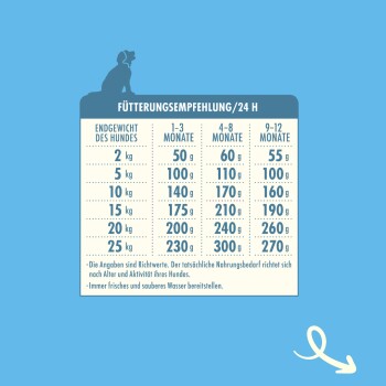 Fütterungsempfehlungen-Diagramm für Hunde, das die Futtermengen basierend auf Gewicht und Alter in Deutsch detailliert, mit einer Silhouette eines Hundes oben.
