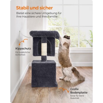 Eine flauschige Katze erreicht einen dunkelgrauen Kratzbaum mit einem Kratzpfosten, mit Text, der seine Stabilität und Sicherheitsmerkmale auf Deutsch hervorhebt.