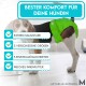 Beagle in einer grünen Windel, die Merkmale zeigt: "Komfort für Hündinnen," "absorbierend," "5 Größen," "3 Anpassungen," "weiche Fütterung."