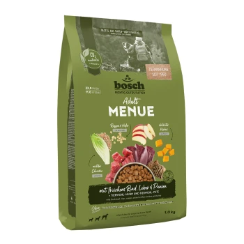 HPC Trockenfutter Hund Adult Menue Rind 1 kg Die Verpackung des Bosch Adult Menu Hundefutters mit grünem Hintergrund, die Kroketten, Rindfleisch, Leber und Kürbis zeigt, plus Zutateninformationen.