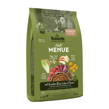 Die Verpackung des Bosch Adult Menu Hundefutters mit grünem Hintergrund, die Kroketten, Rindfleisch, Leber und Kürbis zeigt, plus Zutateninformationen.